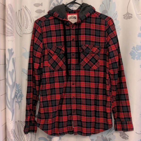 2 for $20 Bare Denim Red + Black Plaid Hooded Cotton Shirt Sz S - Picture 1 of 9